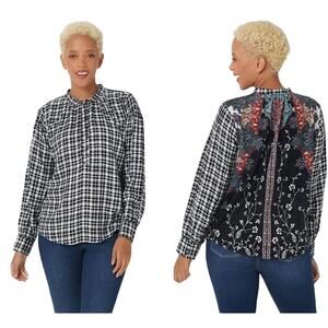 Tolani Women's Plus Black White Plaid Paisley Floral Velvet Button Shirt Size 2X